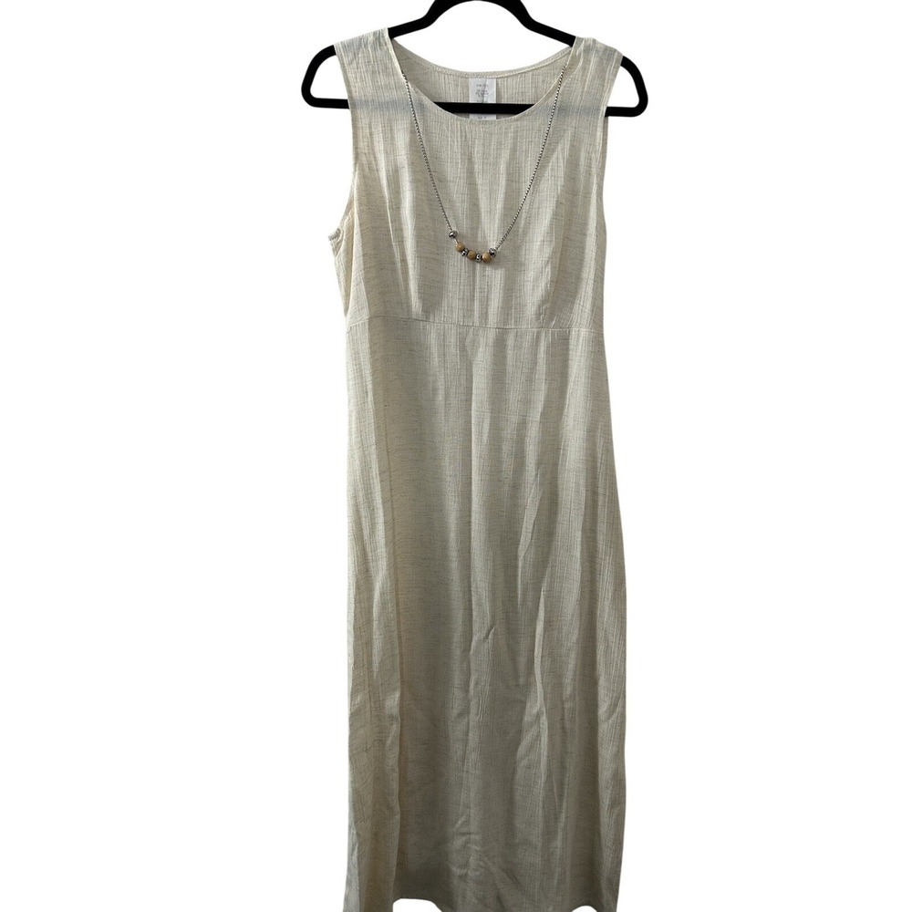 Textured Linen Blend Maxi Dress 10 Beige‎ Empire Waist Boho Minimalist Lagenlook